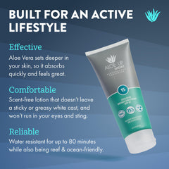Aloe Up sunscreen lotion being applied to skin for quick, non-greasy absorption.
