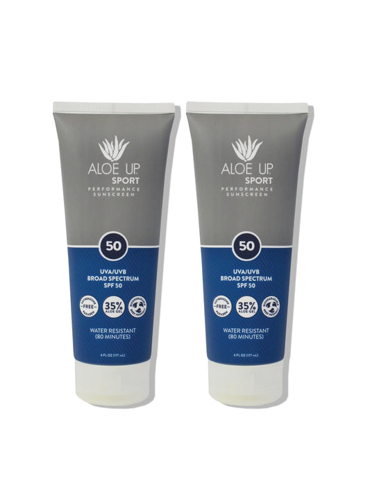 Aloe Up Sport Sunscreen Lotion bottle front view protects active skin outdoors.
