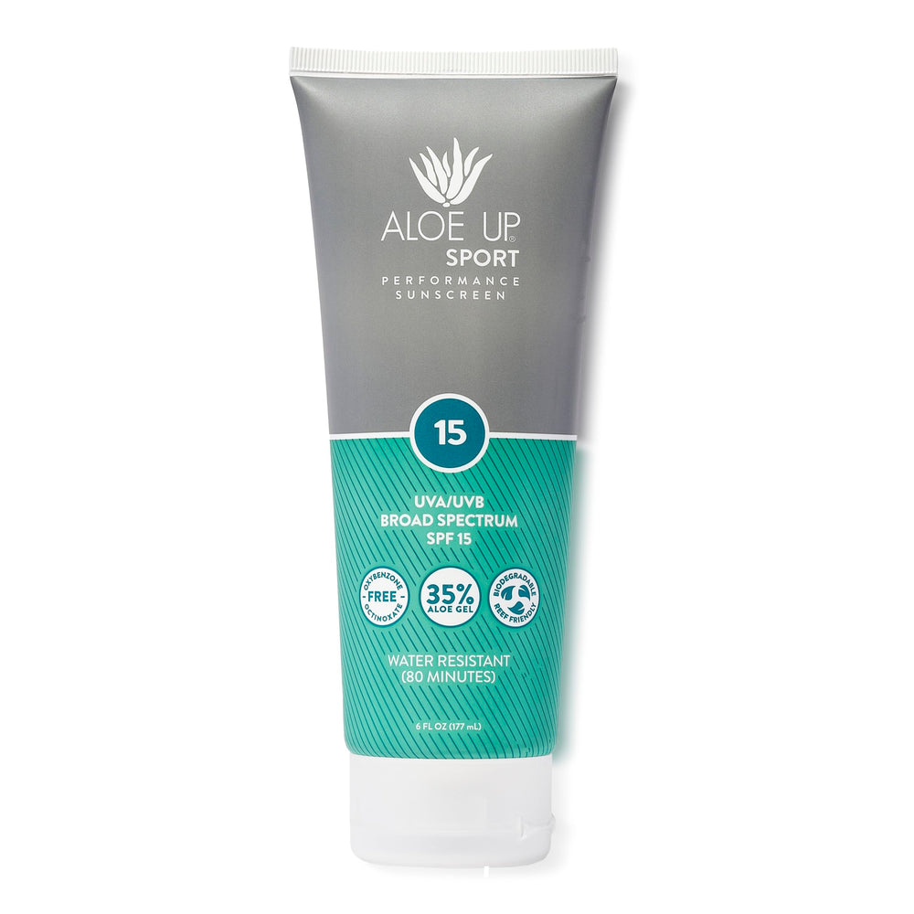 Aloe Up sport sunscreen lotion bottle ready for outdoor activities with broad spectrum protection.