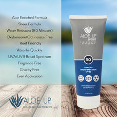 Aloe Up branding with reef-safe symbol and fragrance-free label.