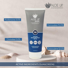 Aloe Up Sport Sunscreen Lotion near water splash demonstrates lasting protection.