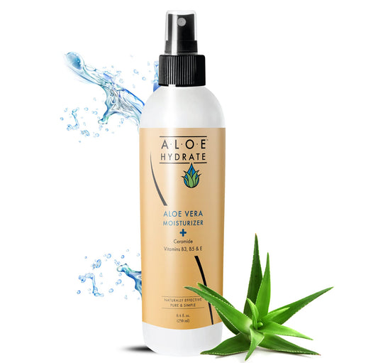 AloeHydrate bottle spray application for quick, non-greasy moisture.