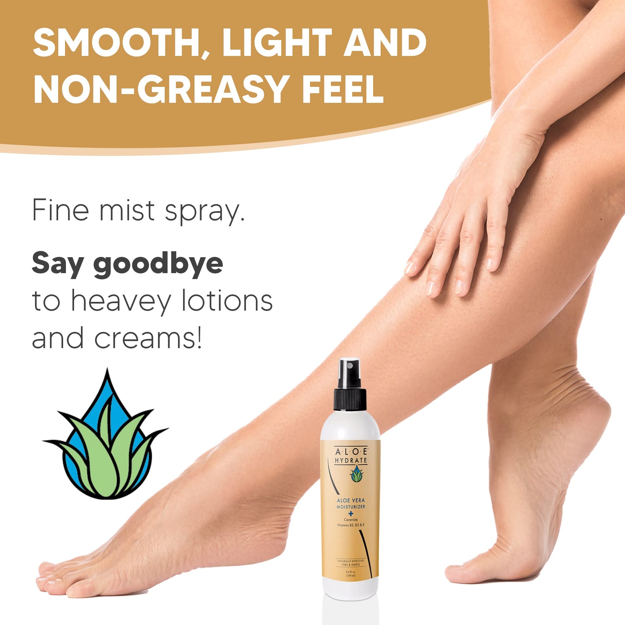 AloeHydrate hands applying spray for easy arm and leg hydration.
