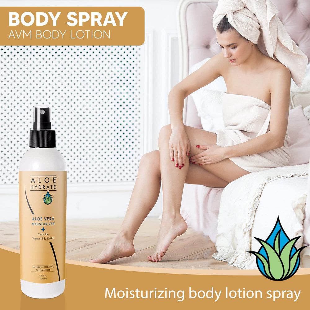 AloeHydrate mist dispense close-up showing fast-absorbing hydration.