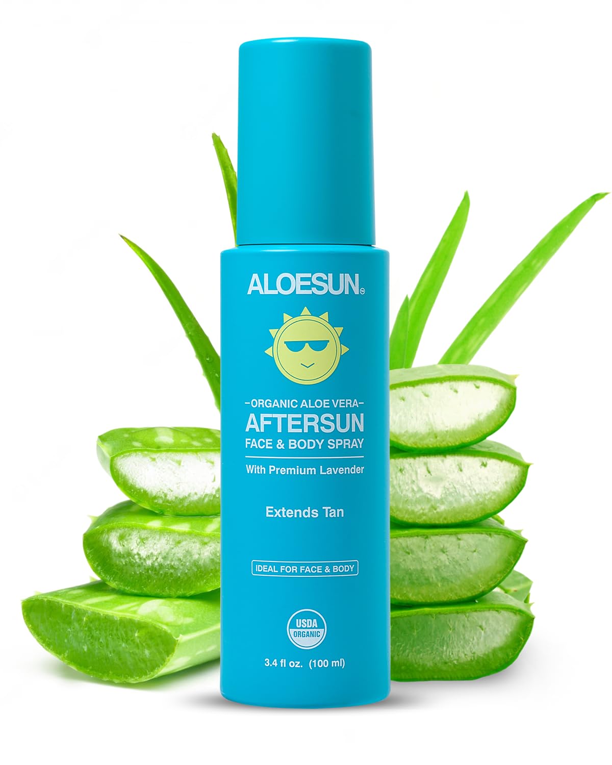 ALOESUN after-sun spray bottle for soothing, non-sticky hydration after sun exposure.