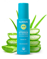 ALOESUN after-sun spray bottle for soothing, non-sticky hydration after sun exposure.