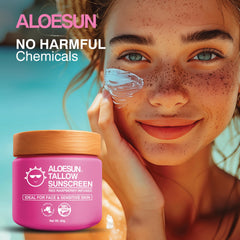 Aloesun sunscreen being applied to hand showing non-greasy texture
