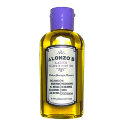 ALONZO'S SENSATIONAL SHAVE bottle close-up showing all-natural oils for pre-shave lubrication
