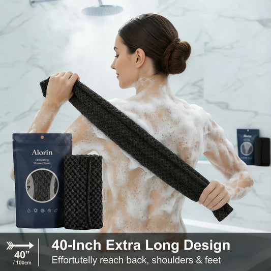Alorin Exfoliating Towel dual-texture sides for daily cleansing and deeper exfoliation.