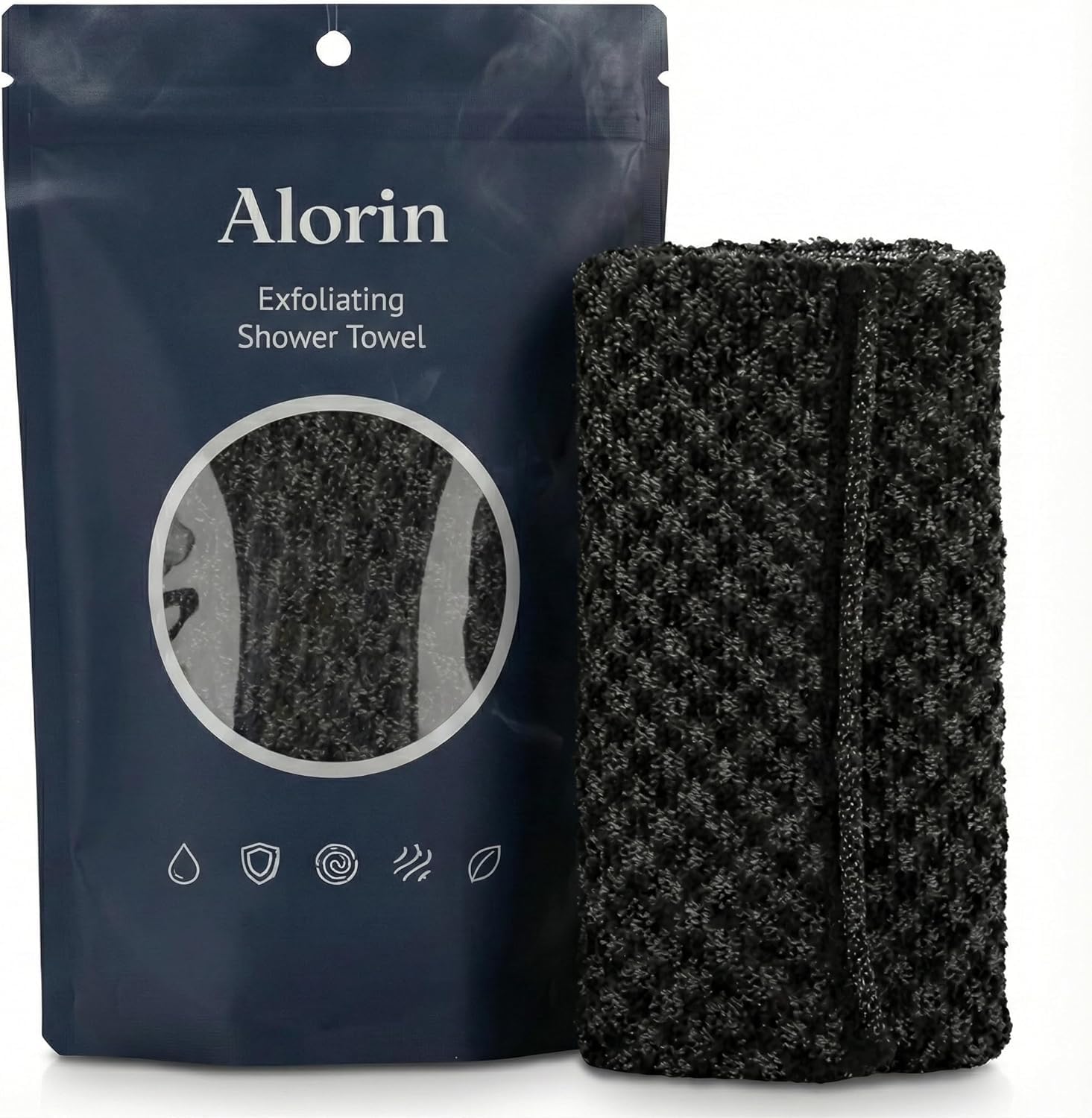 Alorin Exfoliating Towel demonstrates full back reach for easy whole-body exfoliation.