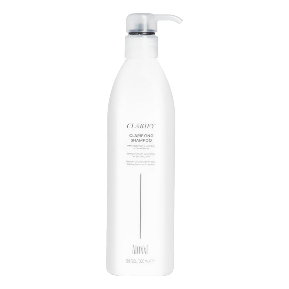 ALOXXI Clarifying Shampoo bottle pour shows a gentle detox for color-treated hair.