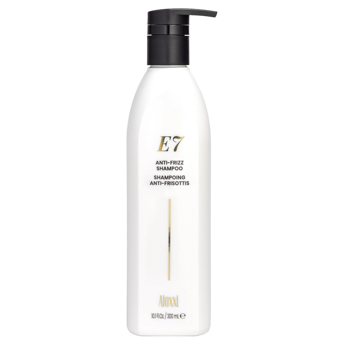 ALOXXI E7 anti-frizz shampoo bottle pour for smooth, frizz-free styling.