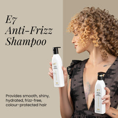 ALOXXI E7 olive oil blend nourishes strands during washing for lasting moisture.