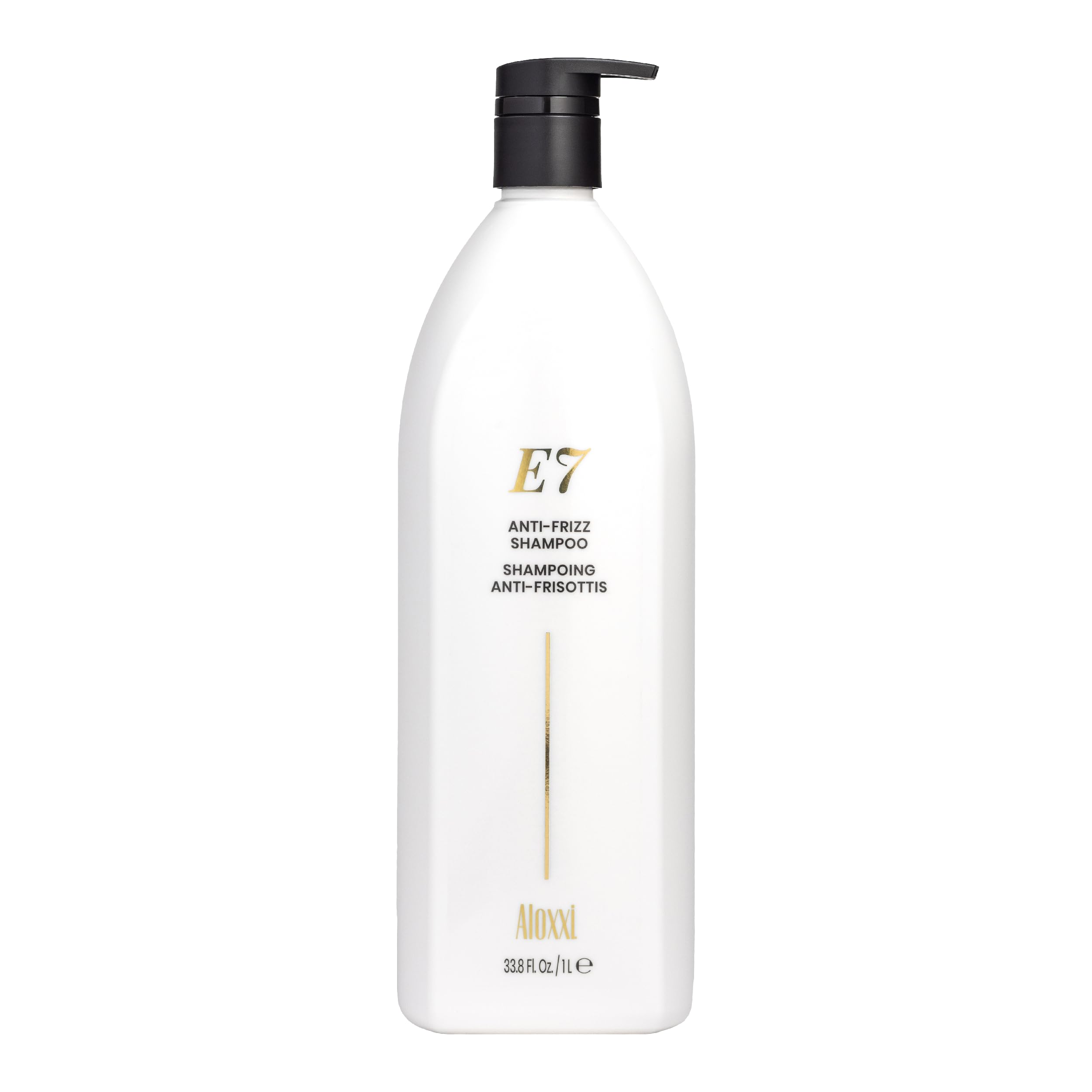 ALOXXI E7 shampoo packaging highlights a color-safe, antioxidant-rich formula for damaged hair.