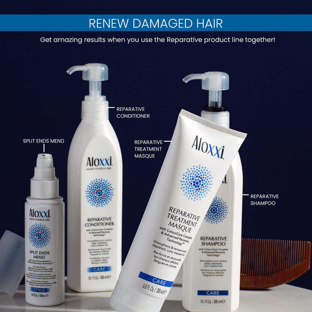 ALOXXI Reparative Shampoo ingredients closeup featuring ColourCare Complex