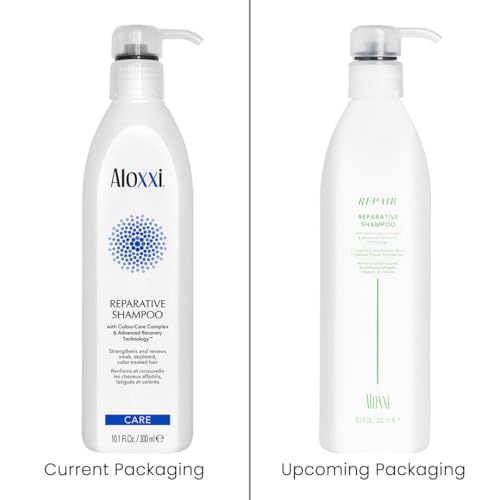ALOXXI Reparative Shampoo label closeup and advanced recovery technology emphasis