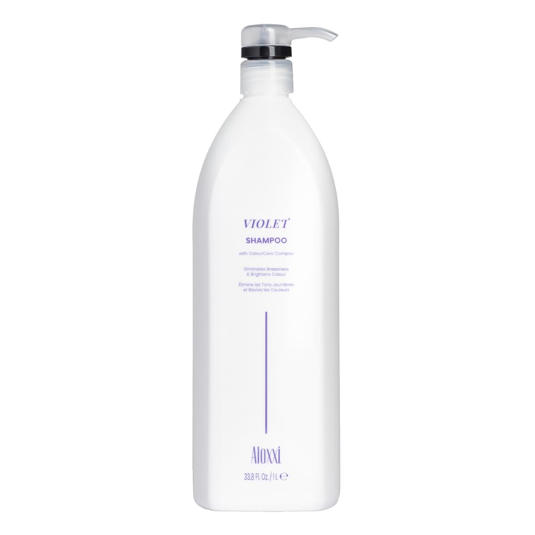ALOXXI Violet Shampoo bottle with purple pigments neutralizing brassiness for blonde tones