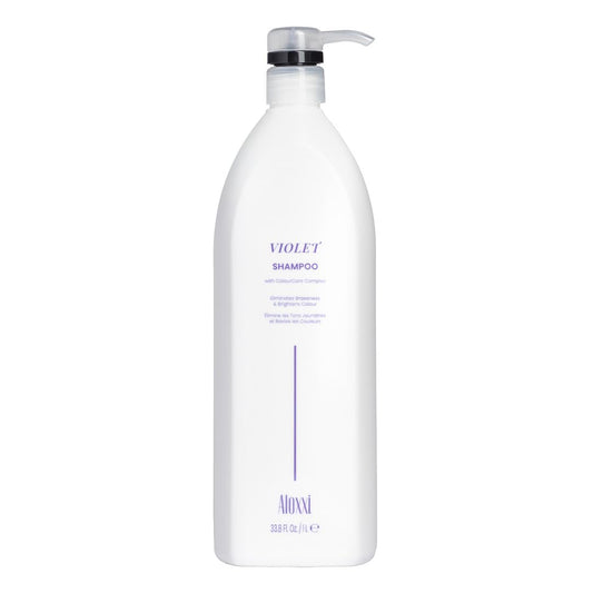 ALOXXI Violet Shampoo bottle with purple pigments neutralizing brassiness for blonde tones