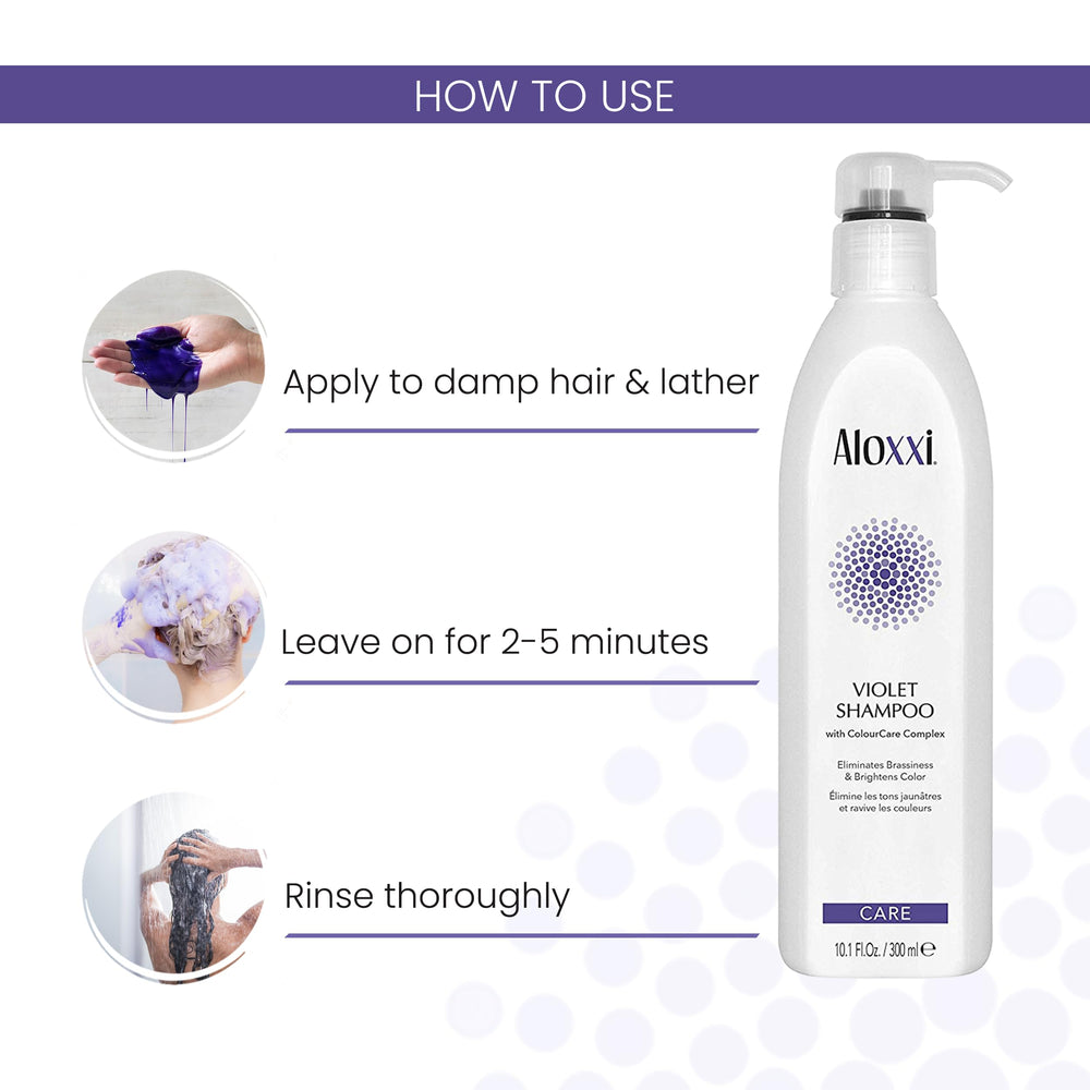 ALOXXI violet shampoo swatches showcasing cool silver hues