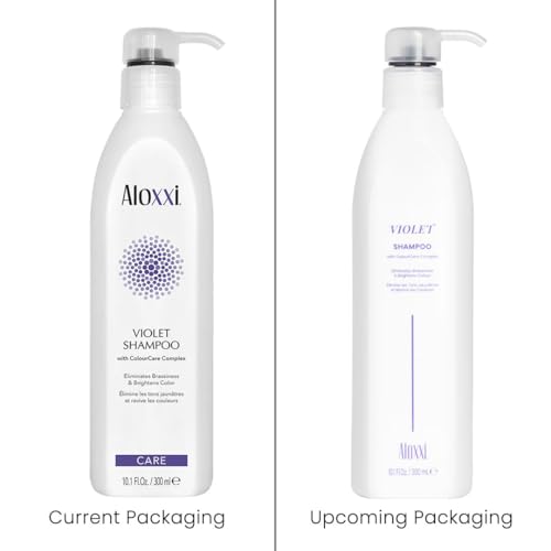 ALOXXI Violet Shampoo pour showing rich color while refreshing gray and white hair