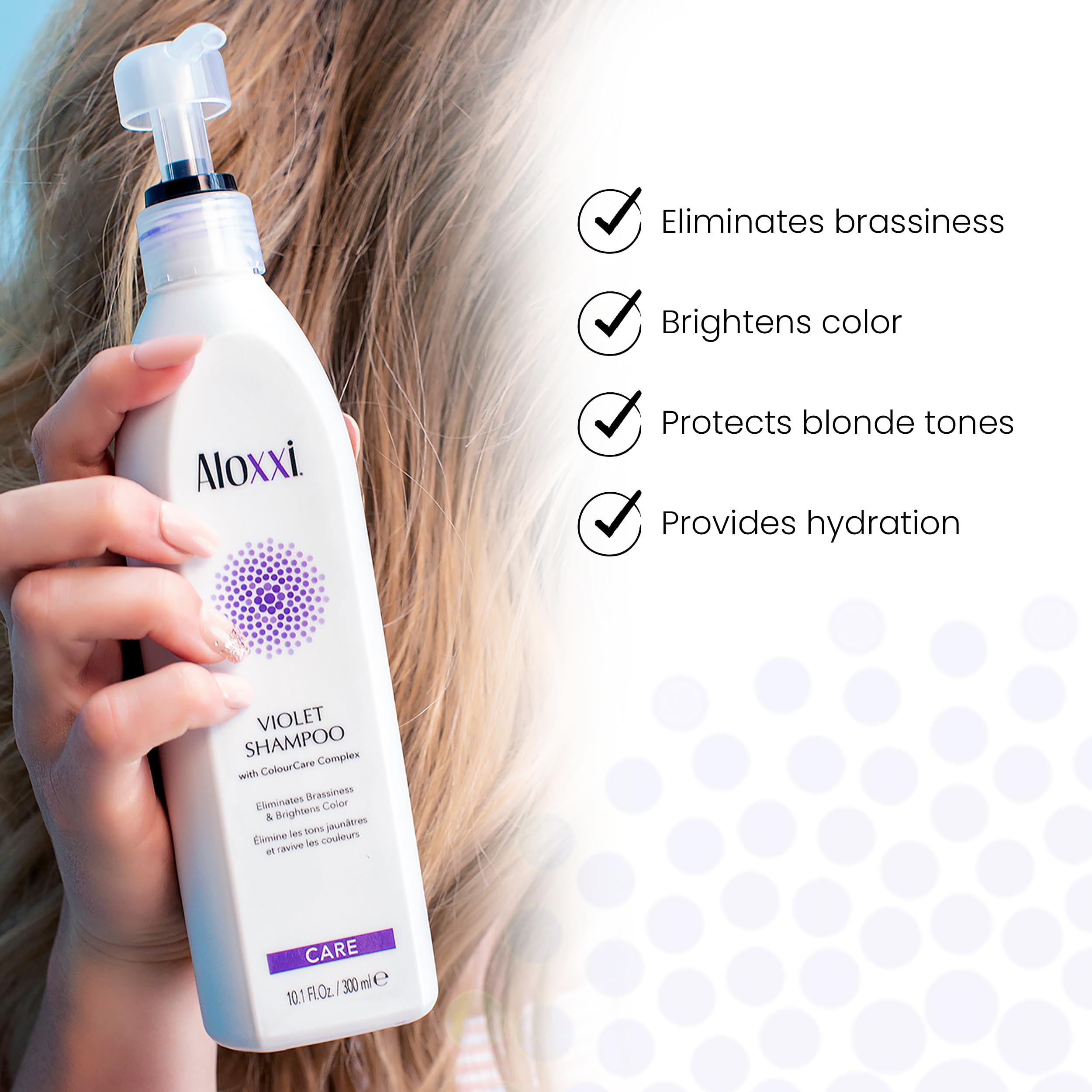 ALOXXI violet shampoo silver-brightening enhances cool tones for luminous icy-blonde looks