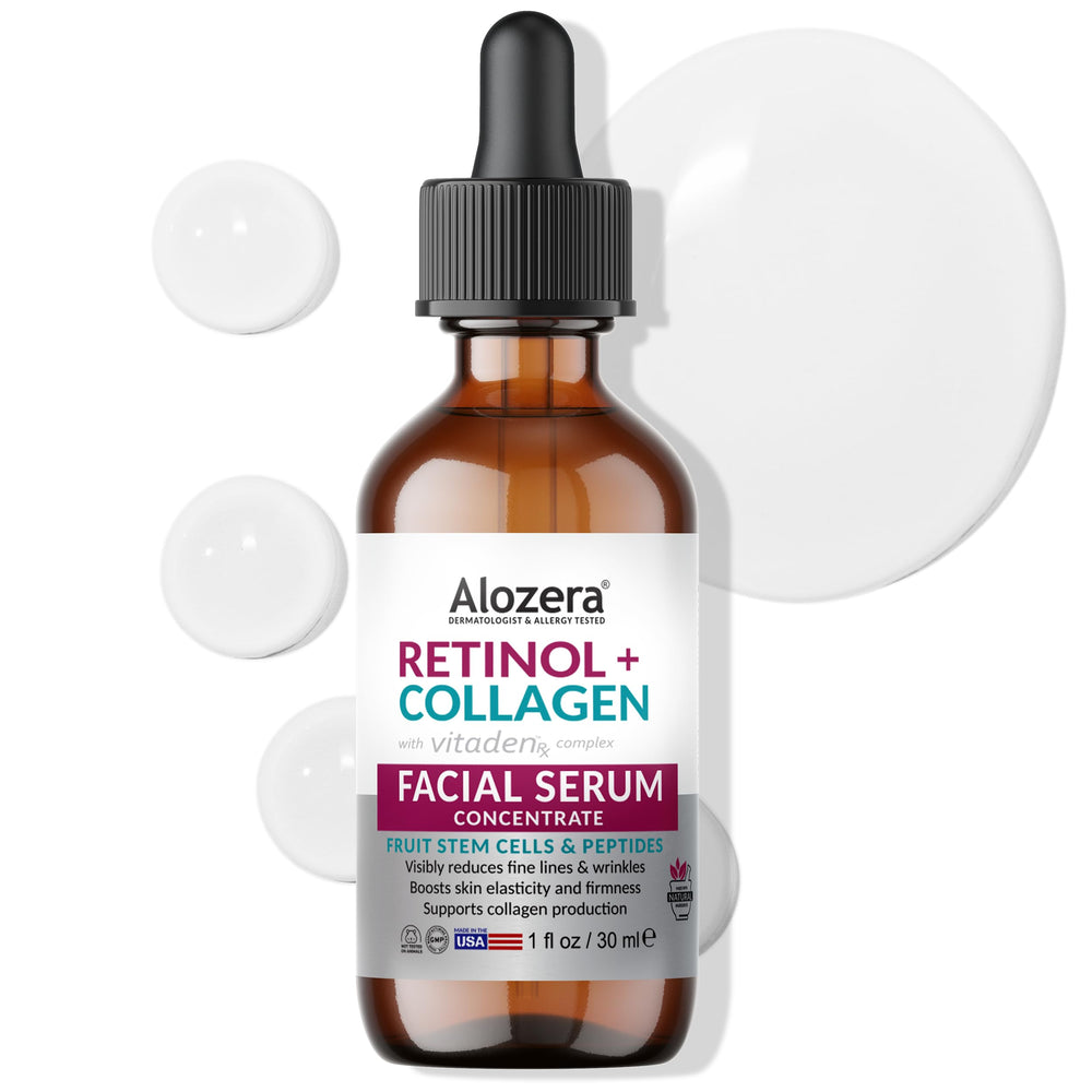 Alozera retinol collagen serum bottle promotes firmer, smoother skin.