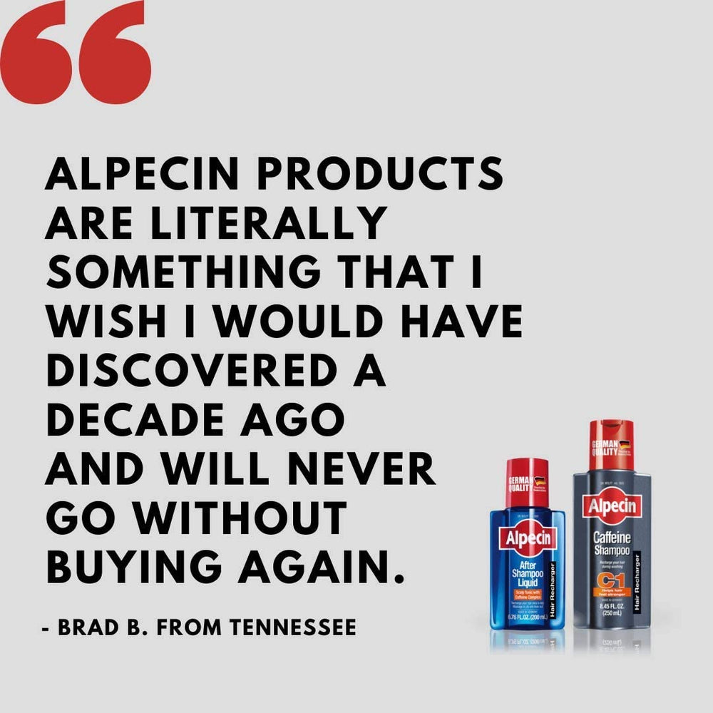 Alpecin After Shampoo Liquid caffeine splash hints at energizing scalp routine.