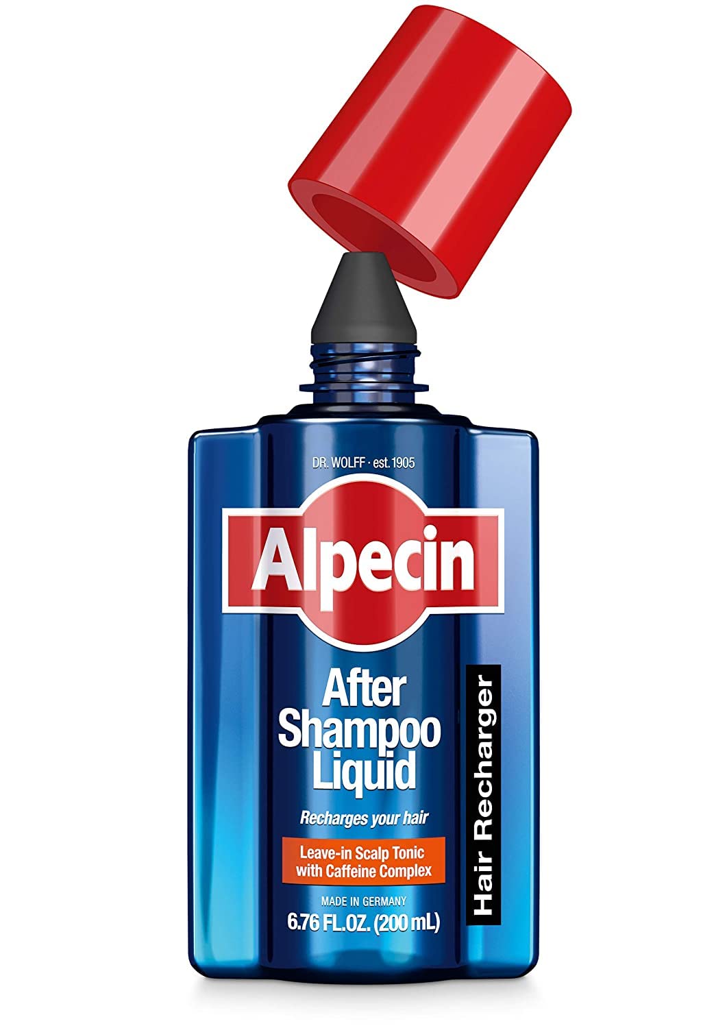 Alpecin After Shampoo Liquid cap-off bottle stored neatly for travel and storage.