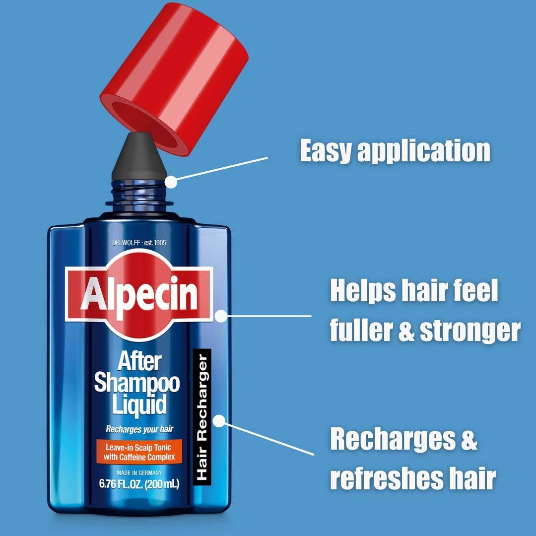 Alpecin After Shampoo Liquid pour shot demonstrates easy daily application.