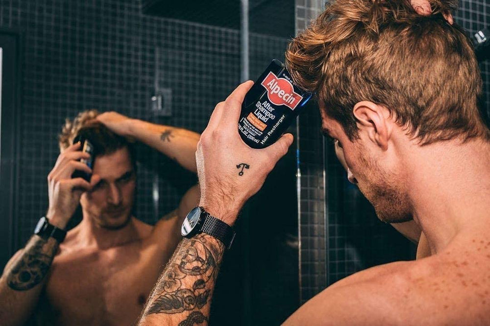 Alpecin After Shampoo Liquid in-use shot shows leave-in scalp treatment application.