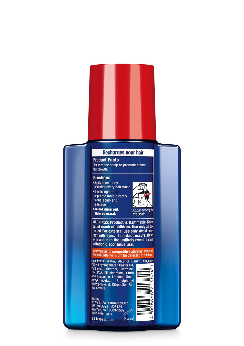 Alpecin After Shampoo Liquid label closeup emphasizes caffeine content and formula.