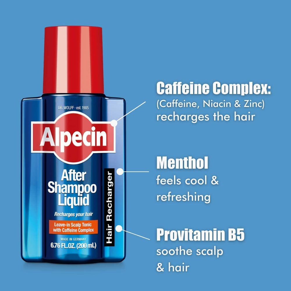 Alpecin After Shampoo Liquid packaging highlights sulfate-free formula for daily use.