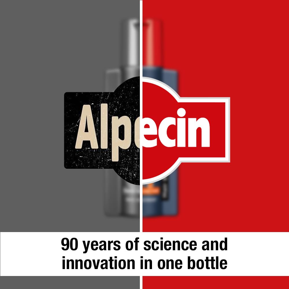 Alpecin C1 bottle with pump in modern bathroom setting.