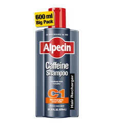 Alpecin C1 bottle front view, suggesting natural hair growth appearance.