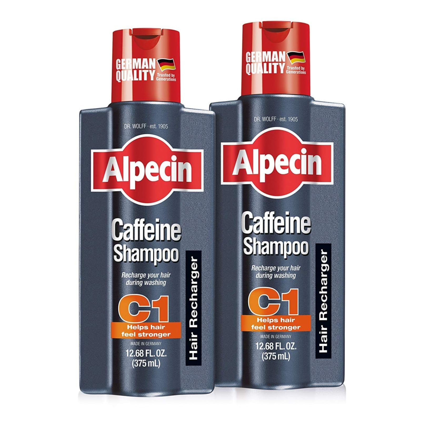 Alpecin C1 caffeine shampoo bottle energizes scalp for a fuller look.
