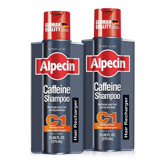 Alpecin C1 caffeine shampoo bottle energizes scalp for a fuller look.