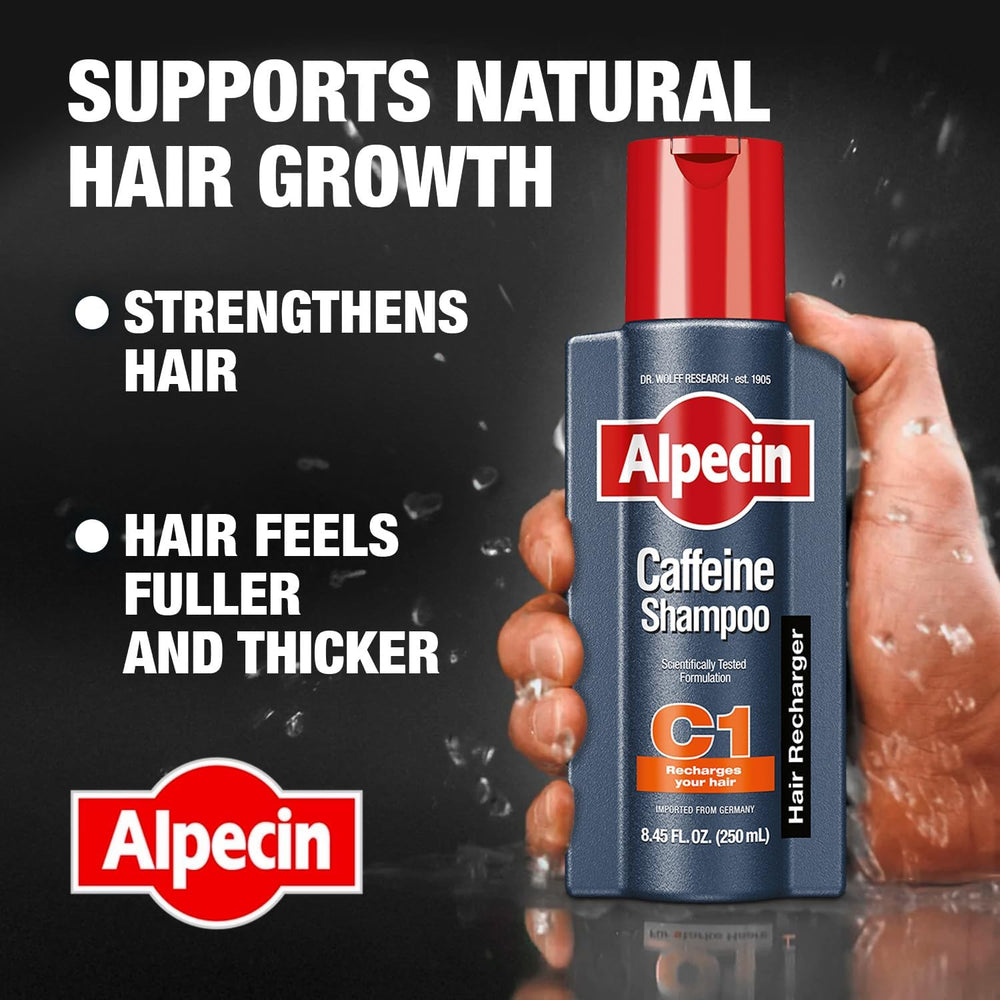 Alpecin C1 shampoo bottle pouring foamy lather for daily scalp refresh.