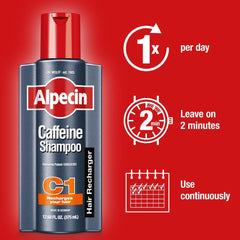 Alpecin C1 caffeine shampoo being poured to start daily refresh.