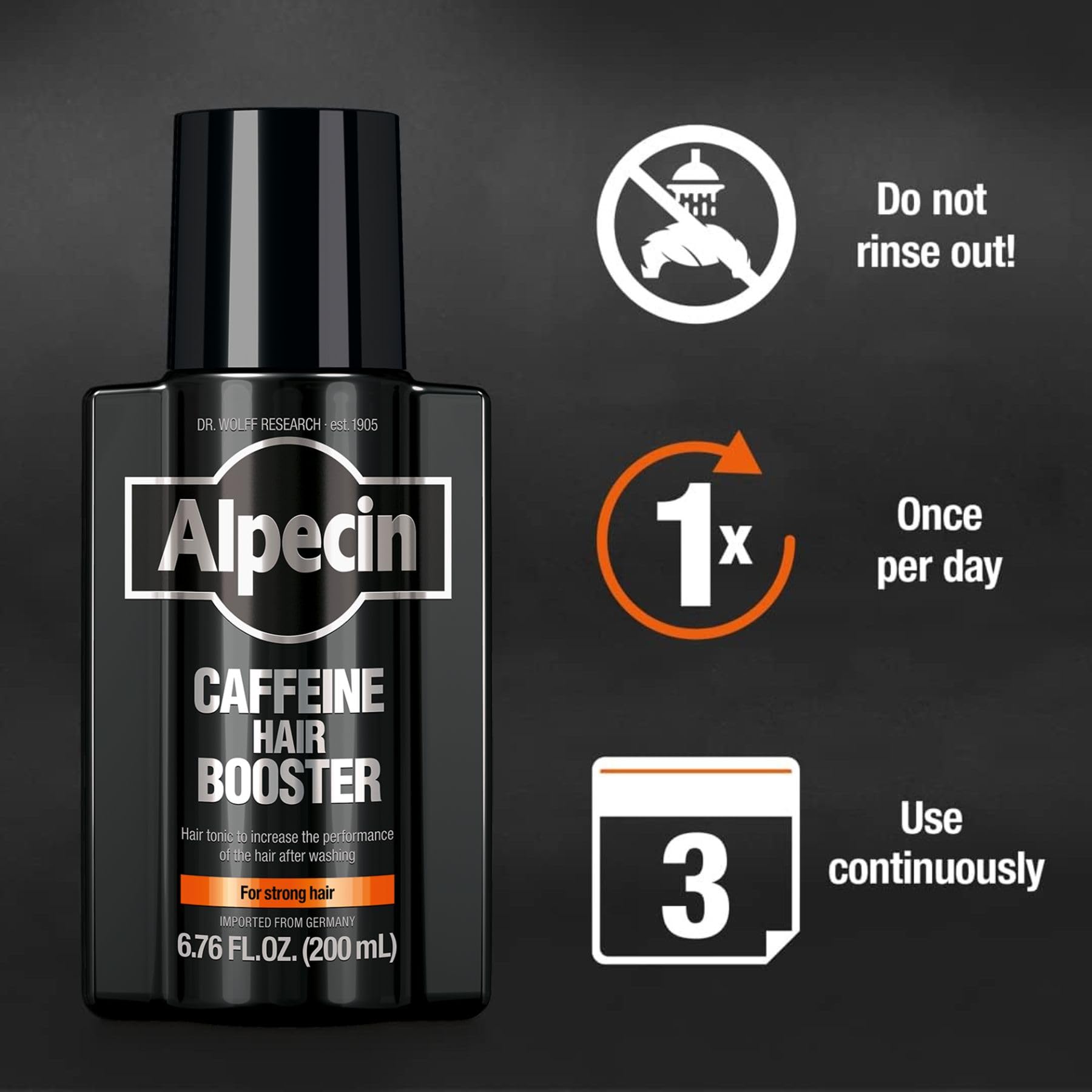 Alpecin caffeine hair booster bottle close-up reveals premium formula for fullness.