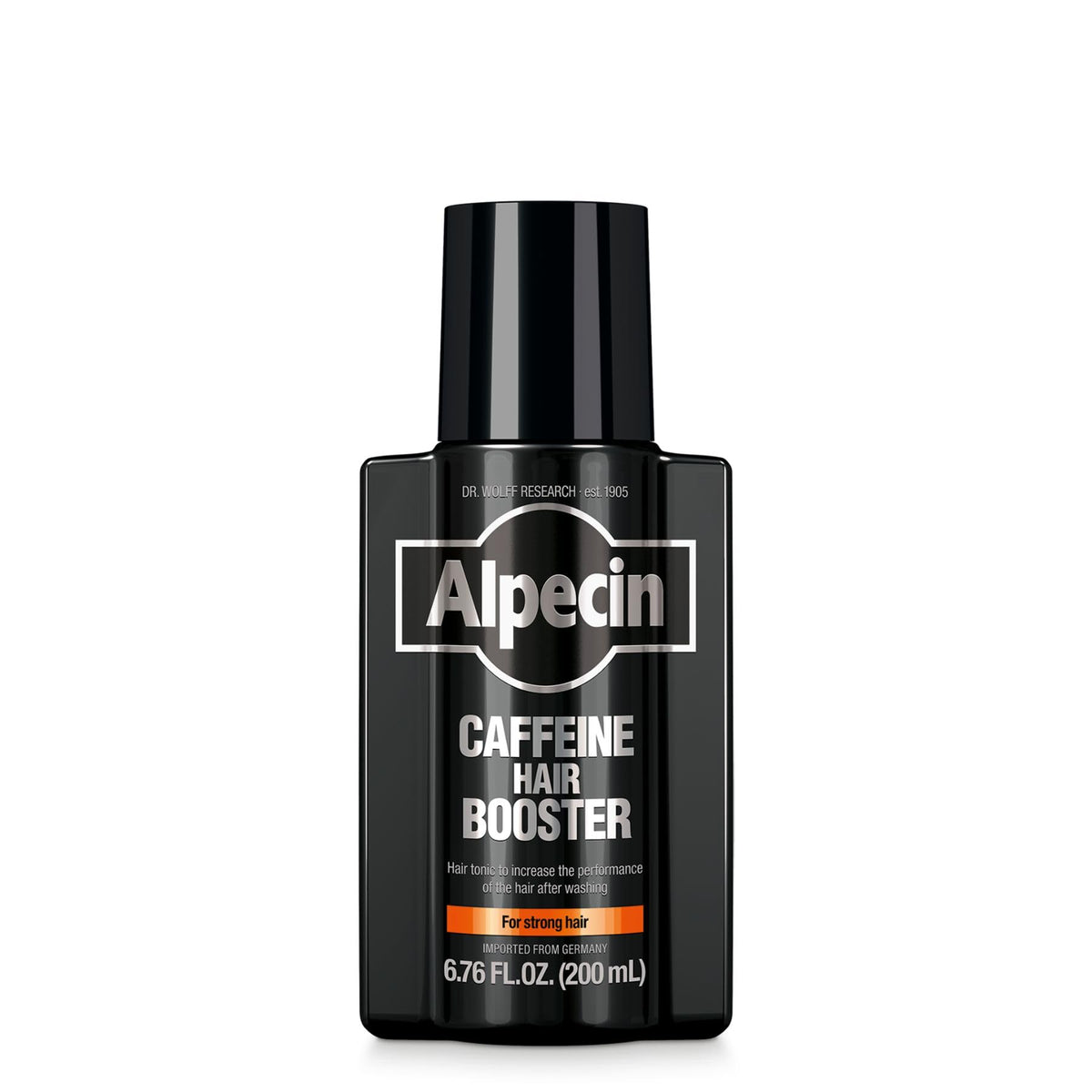 Alpecin Caffeine Hair Booster bottle pour with new fragrance for refreshing scalp routine.