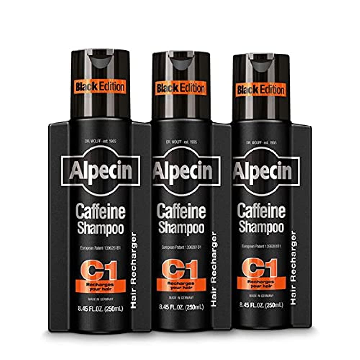 Alpecin Caffeine Shampoo C1 Black Edition bottle pour for energizing scalp cleanse