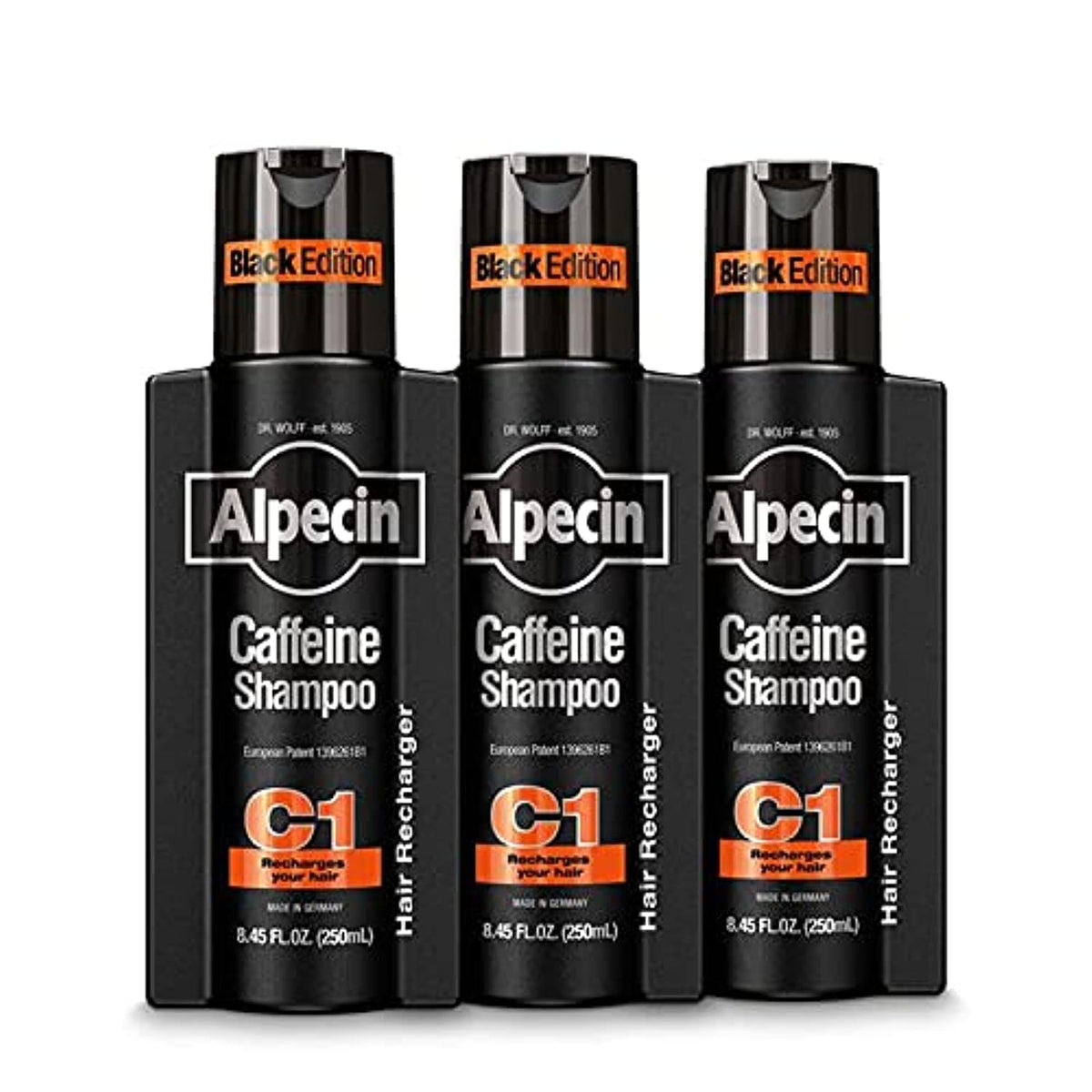 Alpecin Caffeine Shampoo C1 Black Edition bottle pour for energizing scalp cleanse