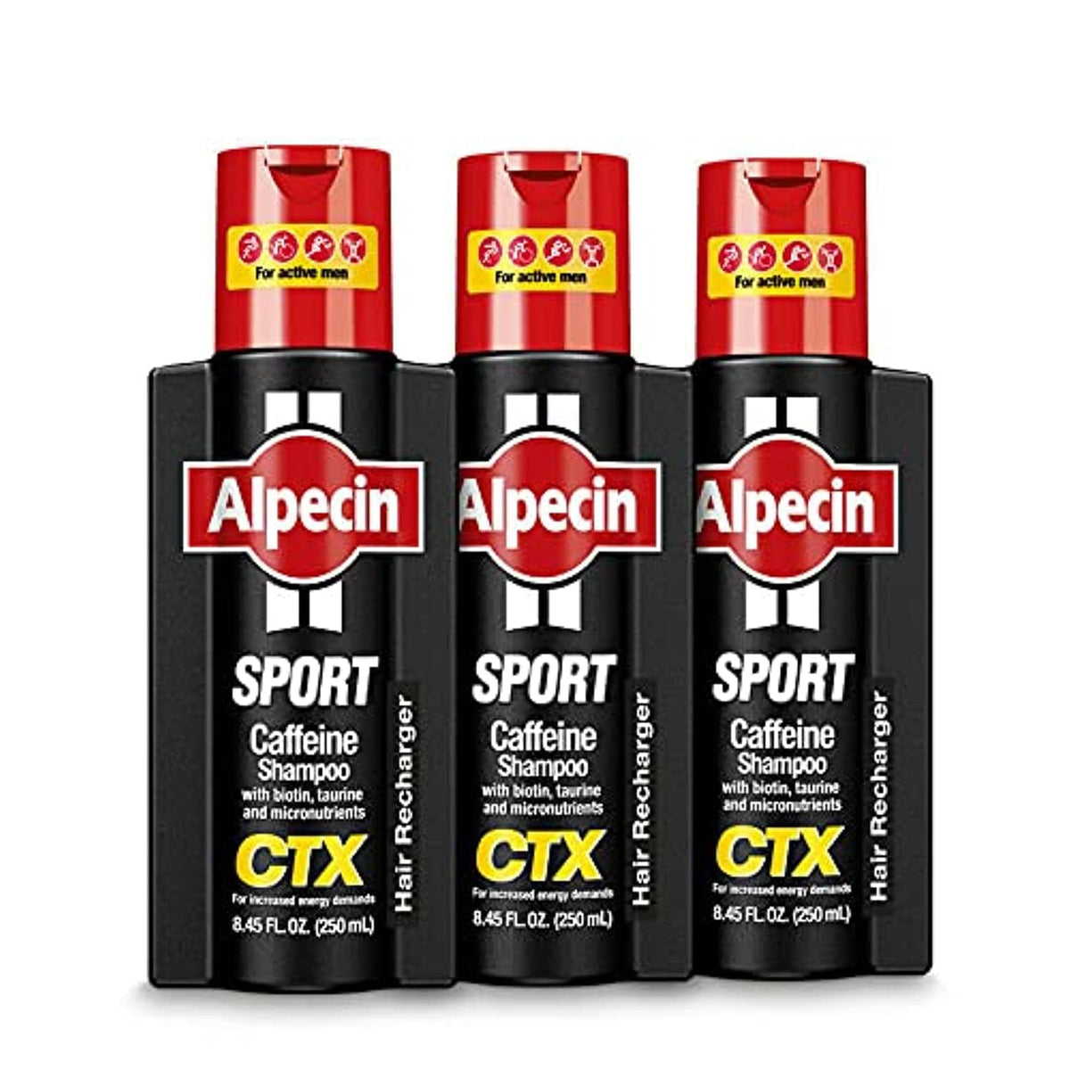Alpecin CTX Sport shampoo bottle promoting an energized scalp and fuller look.