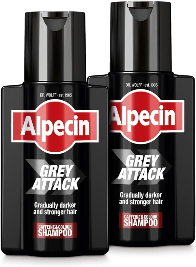 Alpecin Gray Attack shampoo bottle showing subtle gray coverage with regular use.
