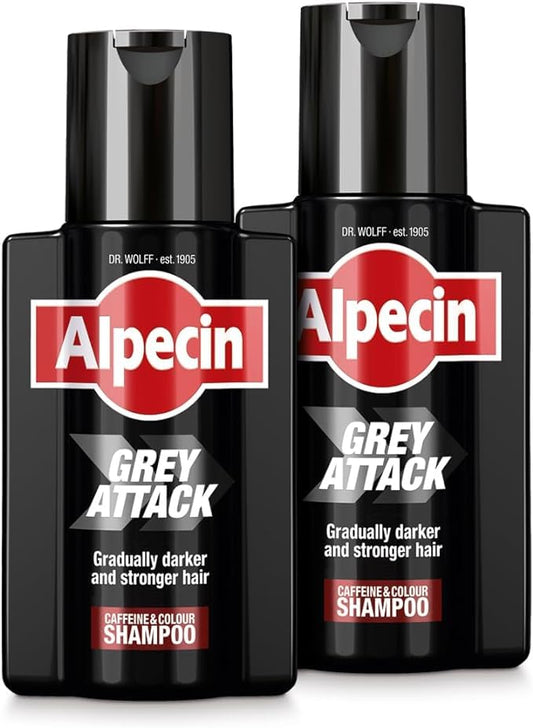 Alpecin Gray Attack shampoo bottle showing subtle gray coverage with regular use.