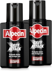 Alpecin Gray Attack shampoo bottle showing subtle gray coverage with regular use.