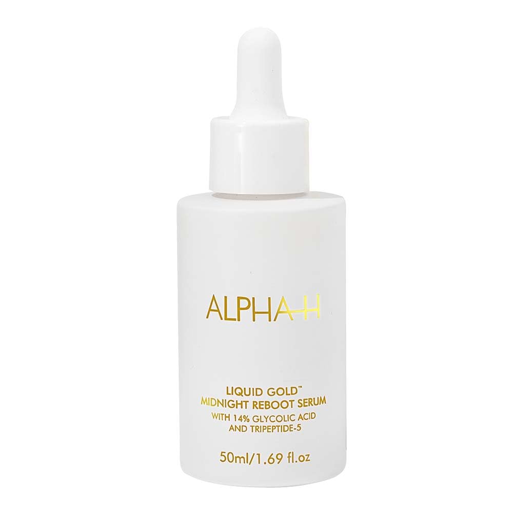 Alpha-H Midnight Reboot Serum bottle for night-time renewal and luminosity.