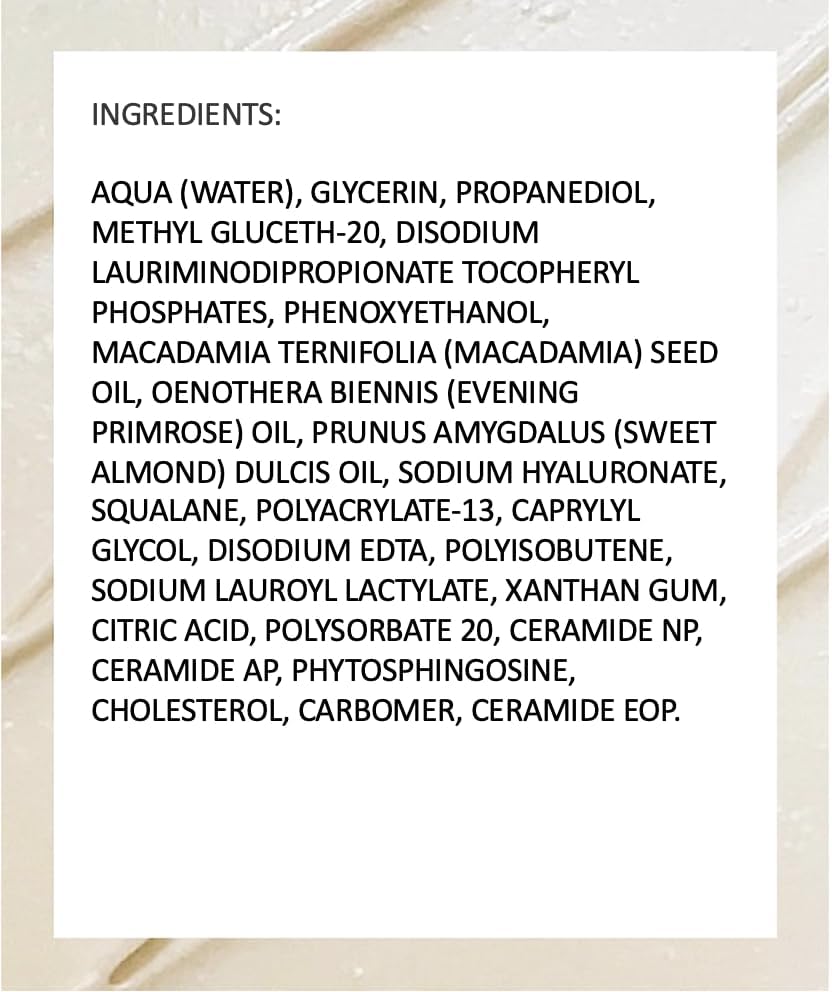 Label highlights ceramide complex and vitamin E benefits