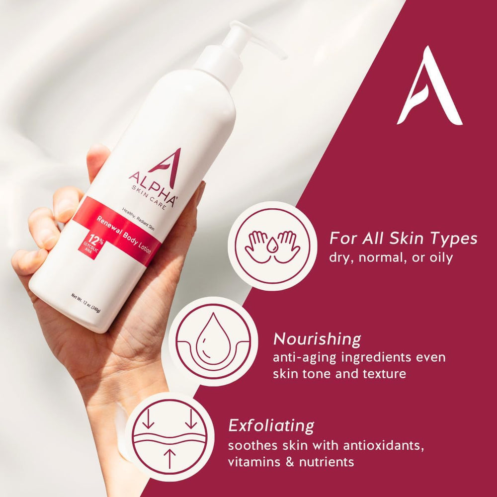 Alpha Skin Care body lotion improves hydration and skin texture for a healthy glow.