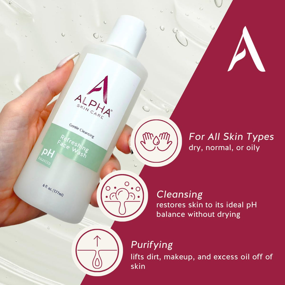 Alpha Skin Care Refreshing Face Wash foamy lather on palm for makeup and oil removal.